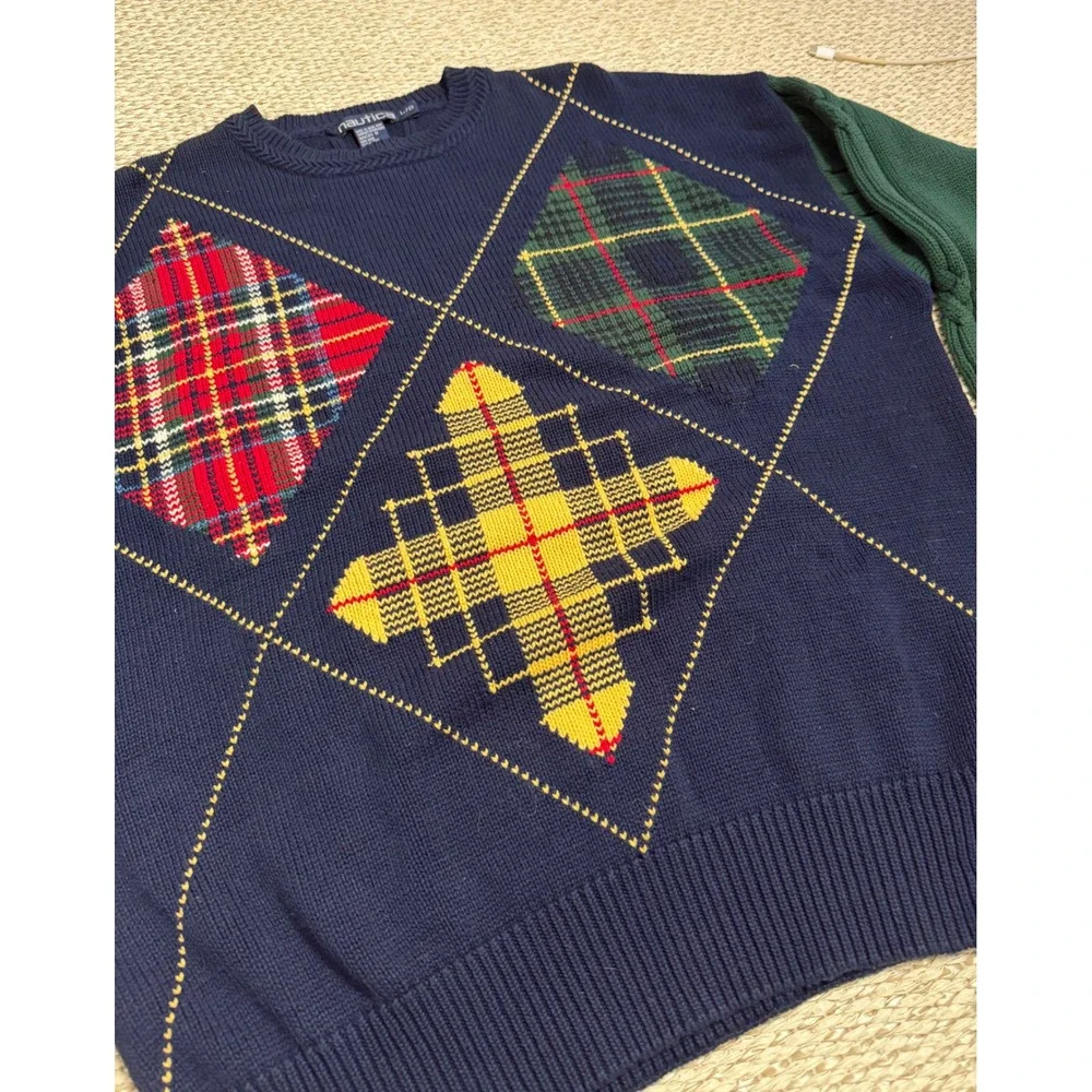 Vintage Nautica Mens Argyle Plaid Intarsia Cotton Knit Sweater grandpa golf LG